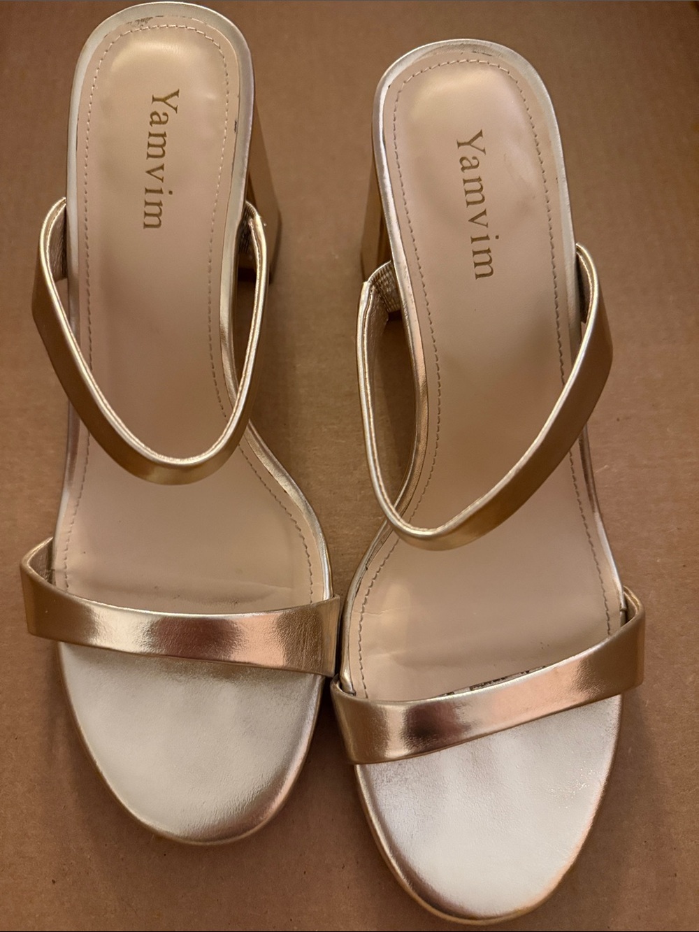 Women’s Metallic Gold Strappy Block Heel Sandals